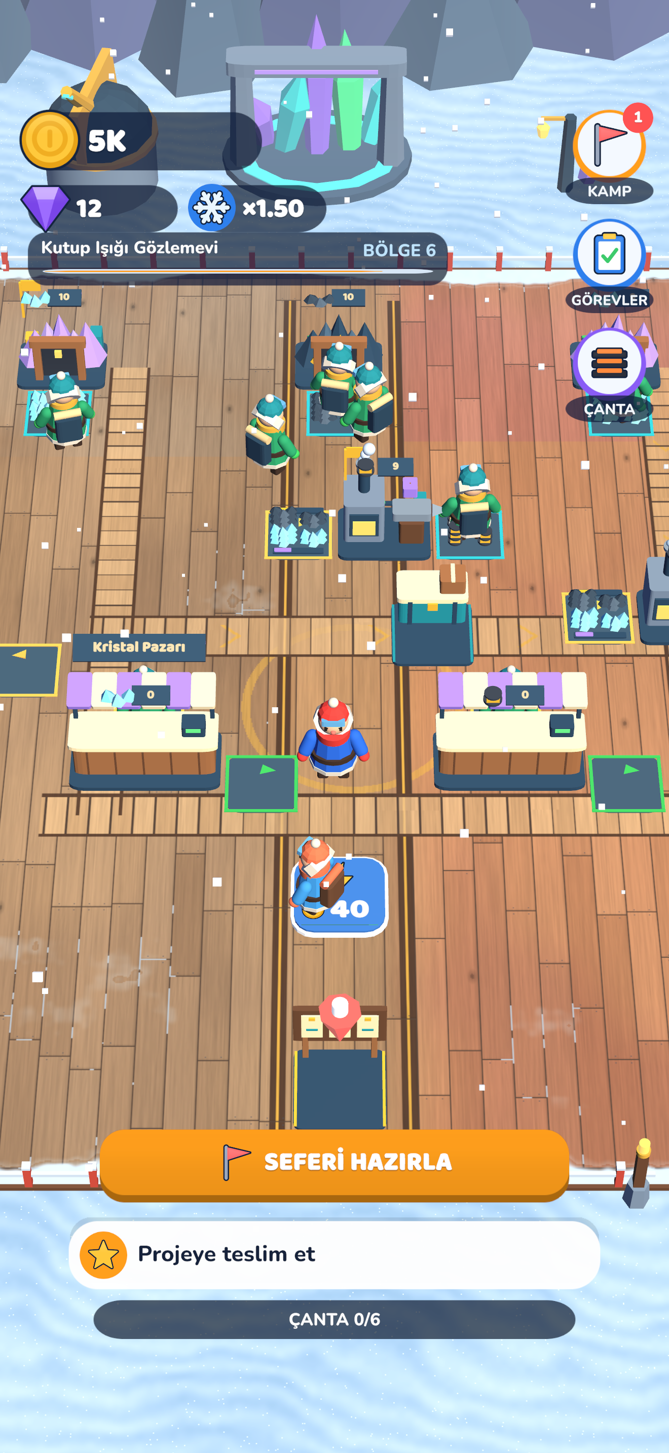Colorful Arctic camp with production stations, paths and workers