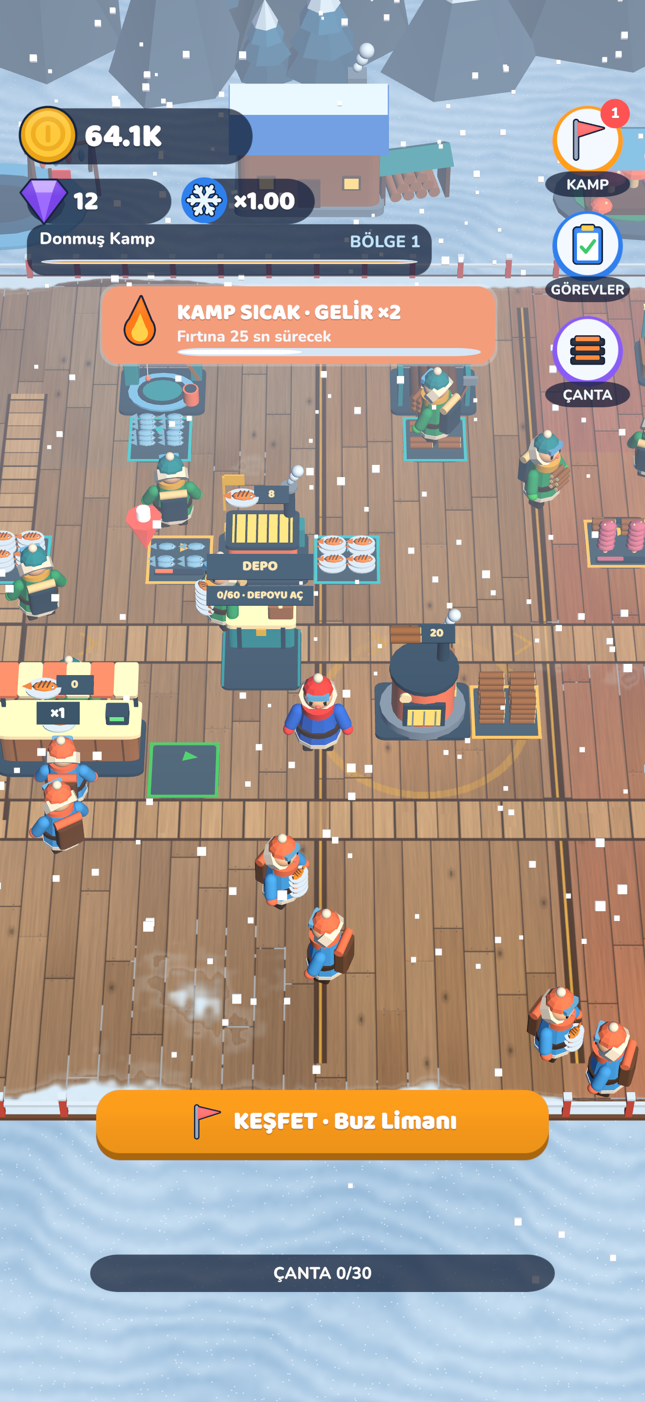 Colorful Arctic camp with production stations, paths and workers